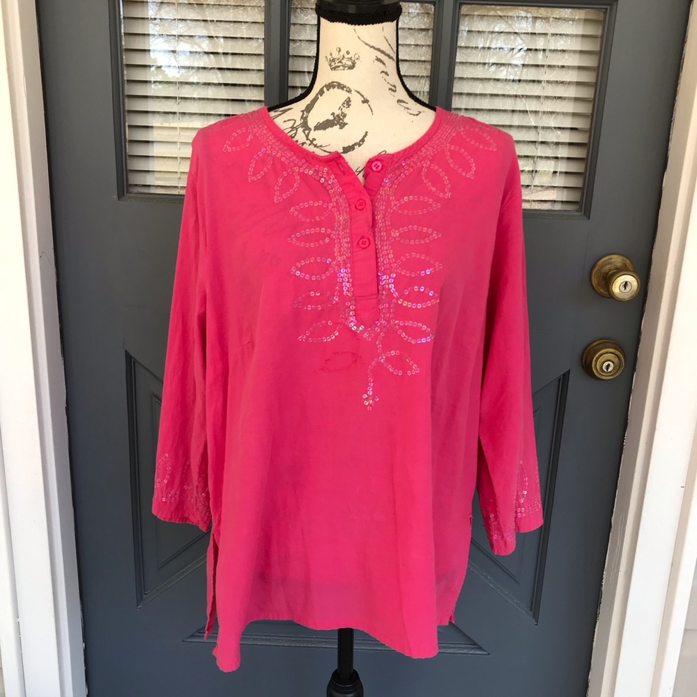 Vintage Bill Blass Pink Soft Cotton Sequin Embellished Boho Blouse Size XL